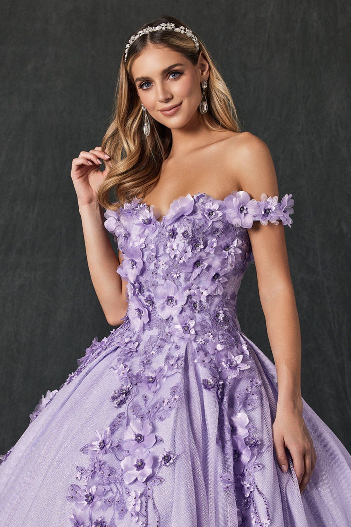 Juliet 1433 3D Floral Lace Glitter Tulle Off Shoulder Quinceanera Dress