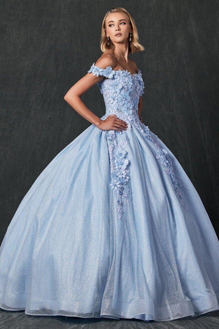 Juliet 1433 3D Floral Lace Glitter Tulle Off Shoulder Quinceanera Dress