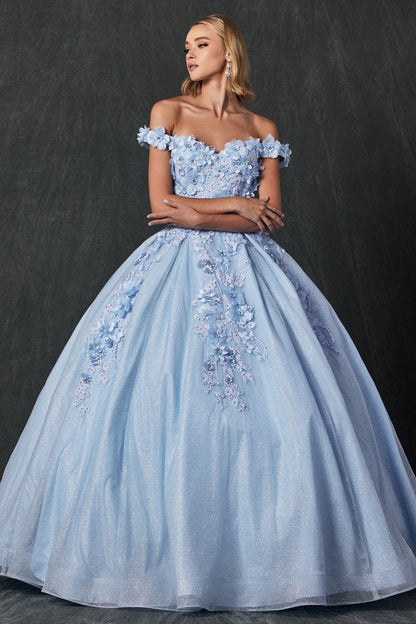 Juliet 1433 3D Floral Lace Glitter Tulle Off Shoulder Quinceanera Dress