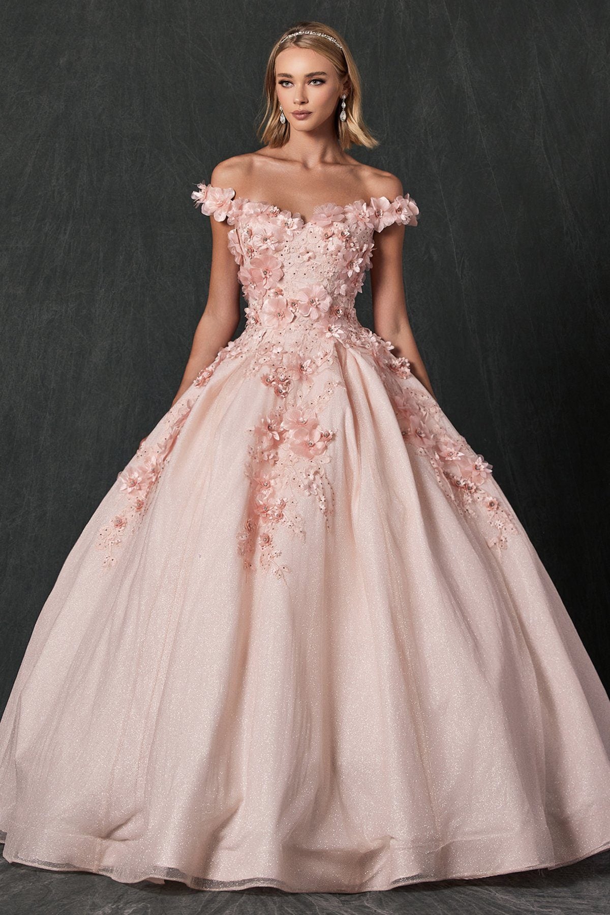 Juliet 1433 3D Floral Lace Glitter Tulle Off Shoulder Quinceanera Dress