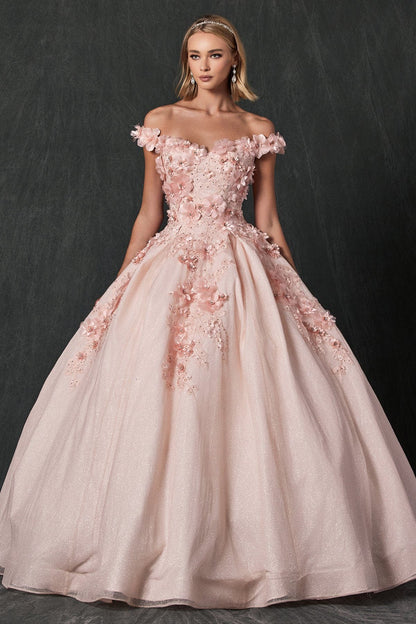 Juliet 1433 3D Floral Lace Glitter Tulle Off Shoulder Quinceanera Dress