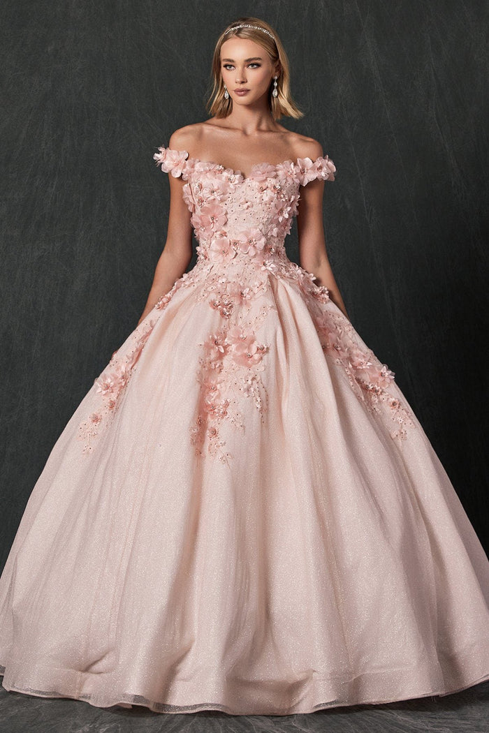 Juliet 1433 3D Floral Lace Glitter Tulle Off Shoulder Quinceanera Dress