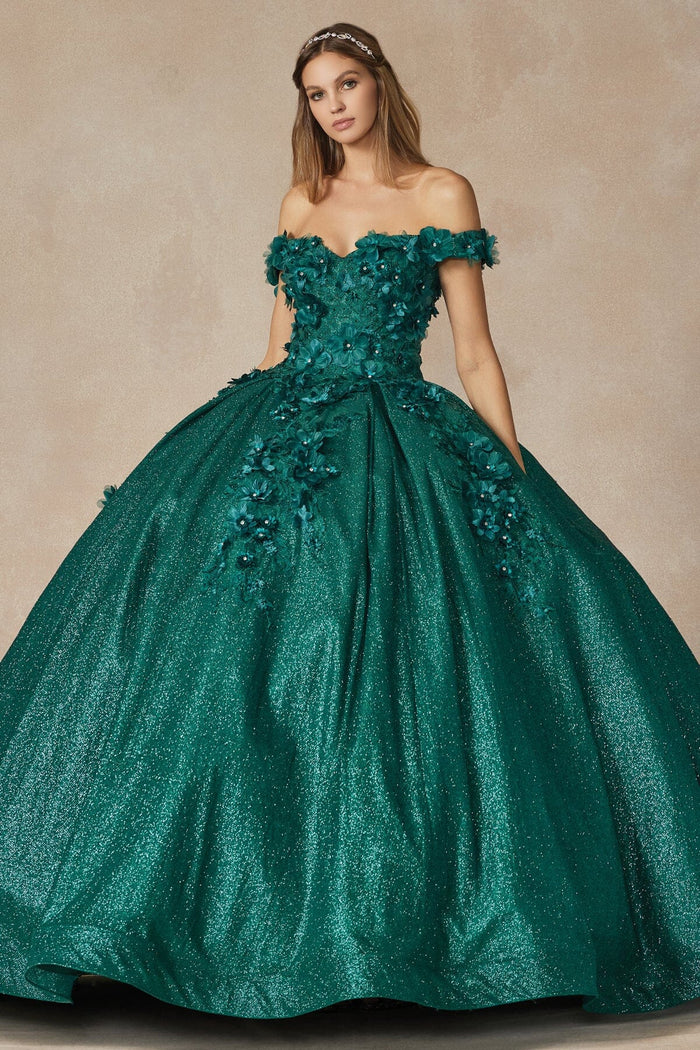 Juliet 1433 3D Floral Lace Glitter Tulle Off Shoulder Quinceanera Dress