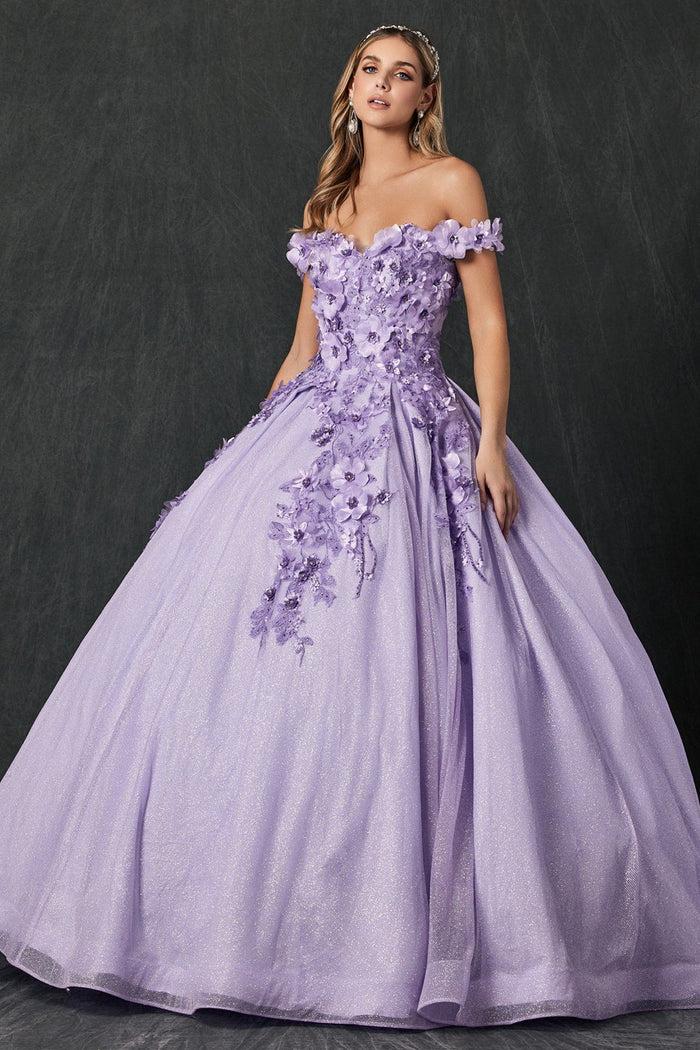 Juliet 1433 3D Floral Lace Glitter Tulle Off Shoulder Quinceanera Dress