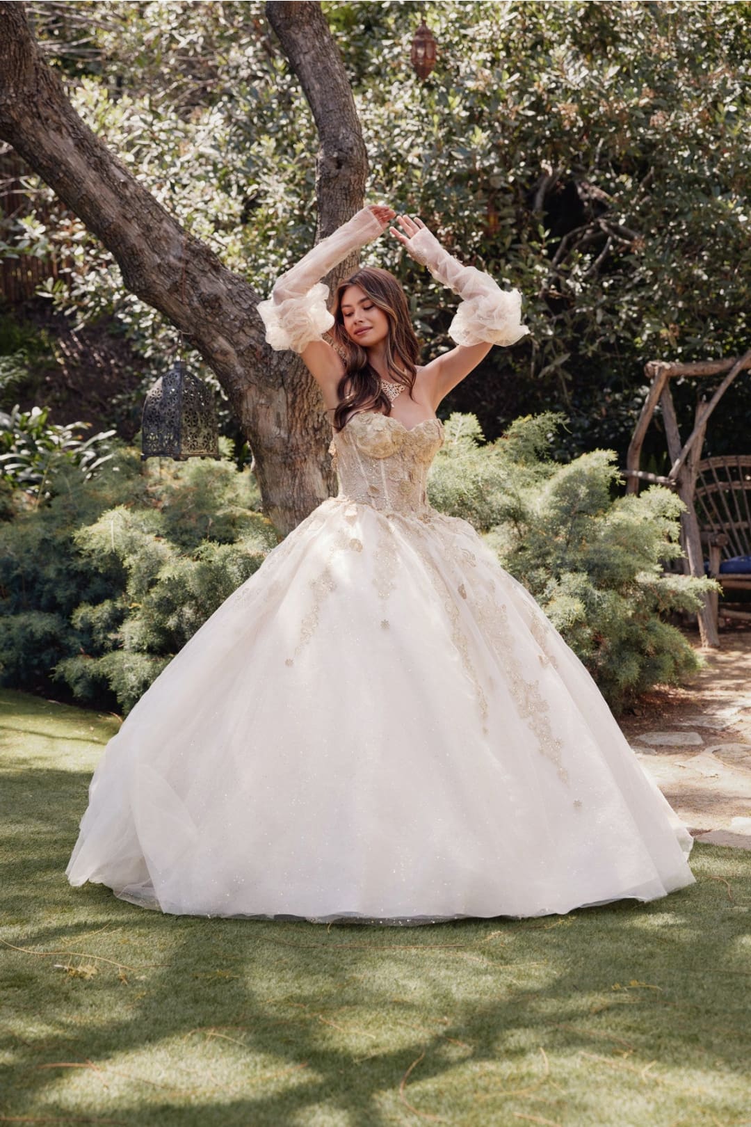 3D Floral Puff Sleeve Ball Gown by Juliet JT1465H - Champagne / 4 - Quinceanera Dresses
