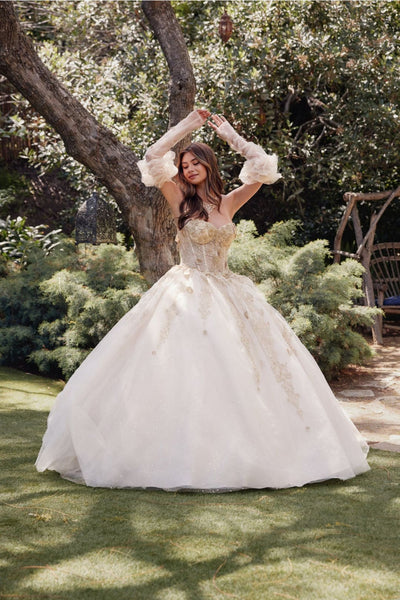 3D Floral Puff Sleeve Ball Gown by Juliet JT1465H - Champagne / 4 - Quinceanera Dresses