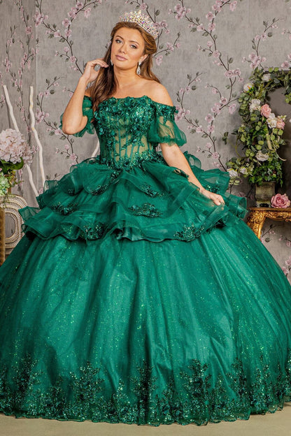 3D Floral Sheer Bodice Ball Gown by Elizabeth K GL3180 - XS / Hunter Green - Quinceanera Dresses