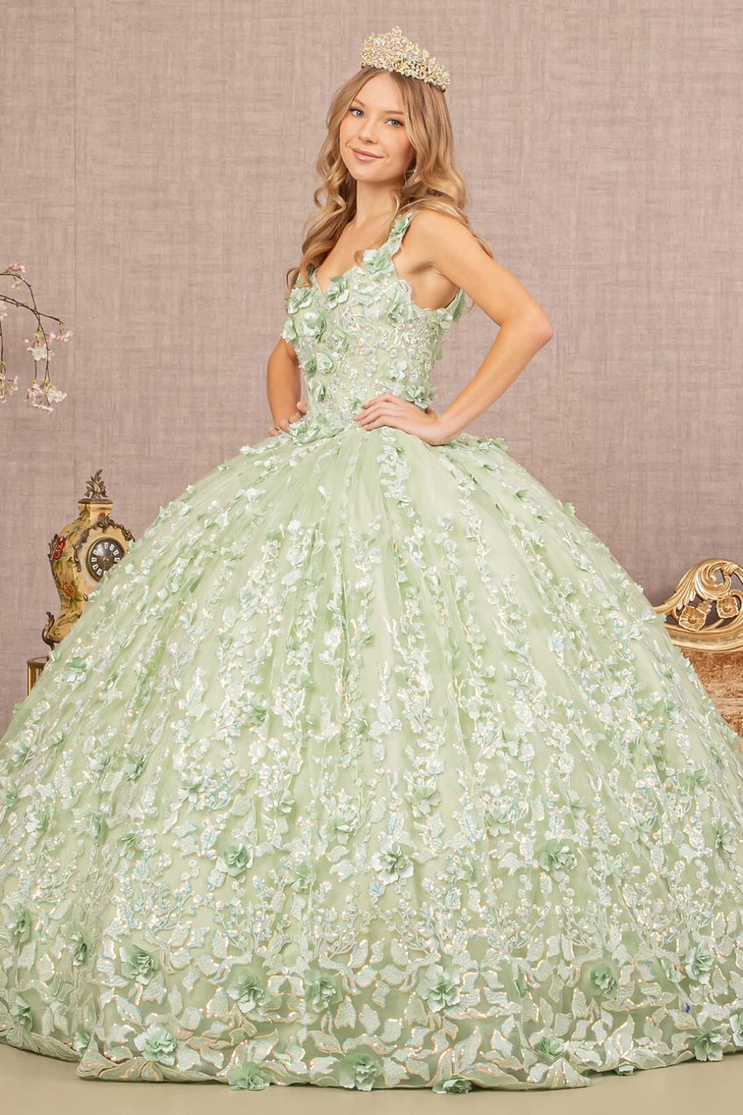 3D Floral Sleeveless Ball Gown by Elizabeth K GL3173 - XS / Sage - Quinceanera Dresses