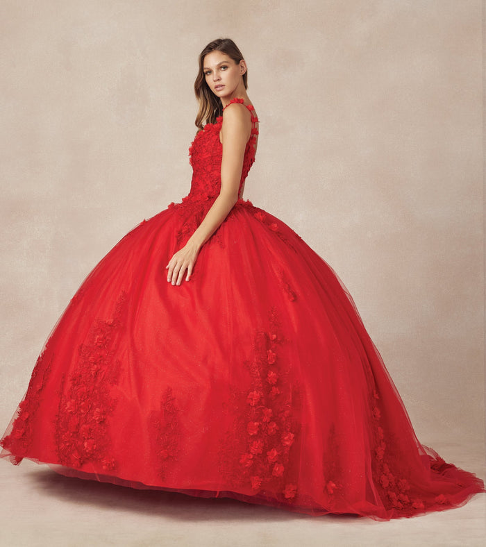 Juliet 1437 3D Floral Embellished Glitter Tulle Quinceanera Dress
