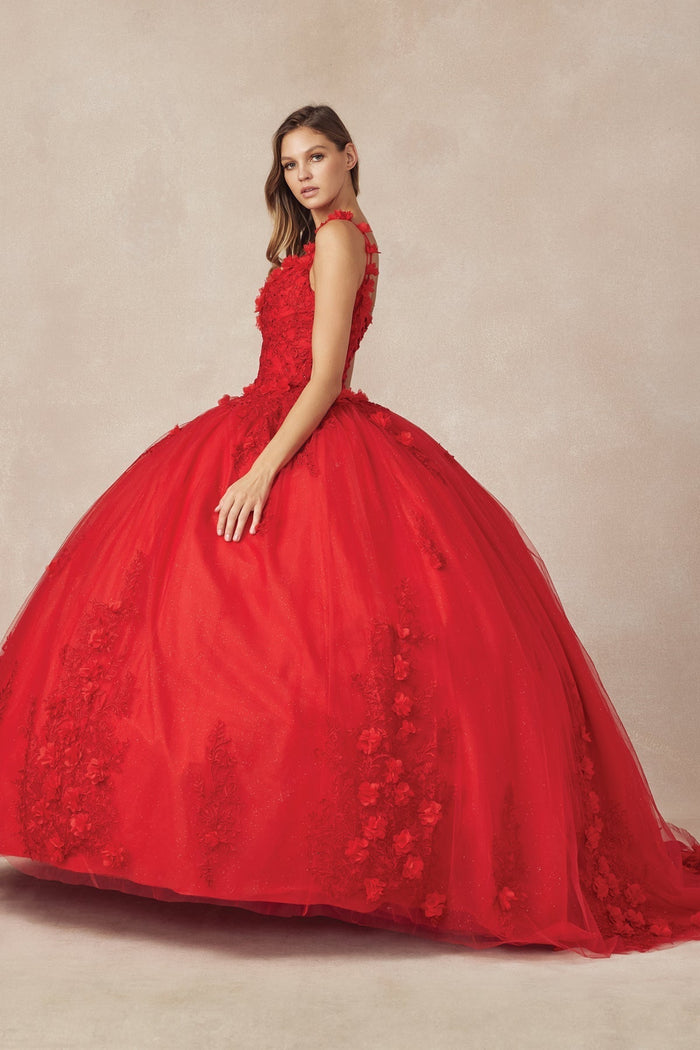 Juliet 1437 3D Floral Embellished Glitter Tulle Quinceanera Dress