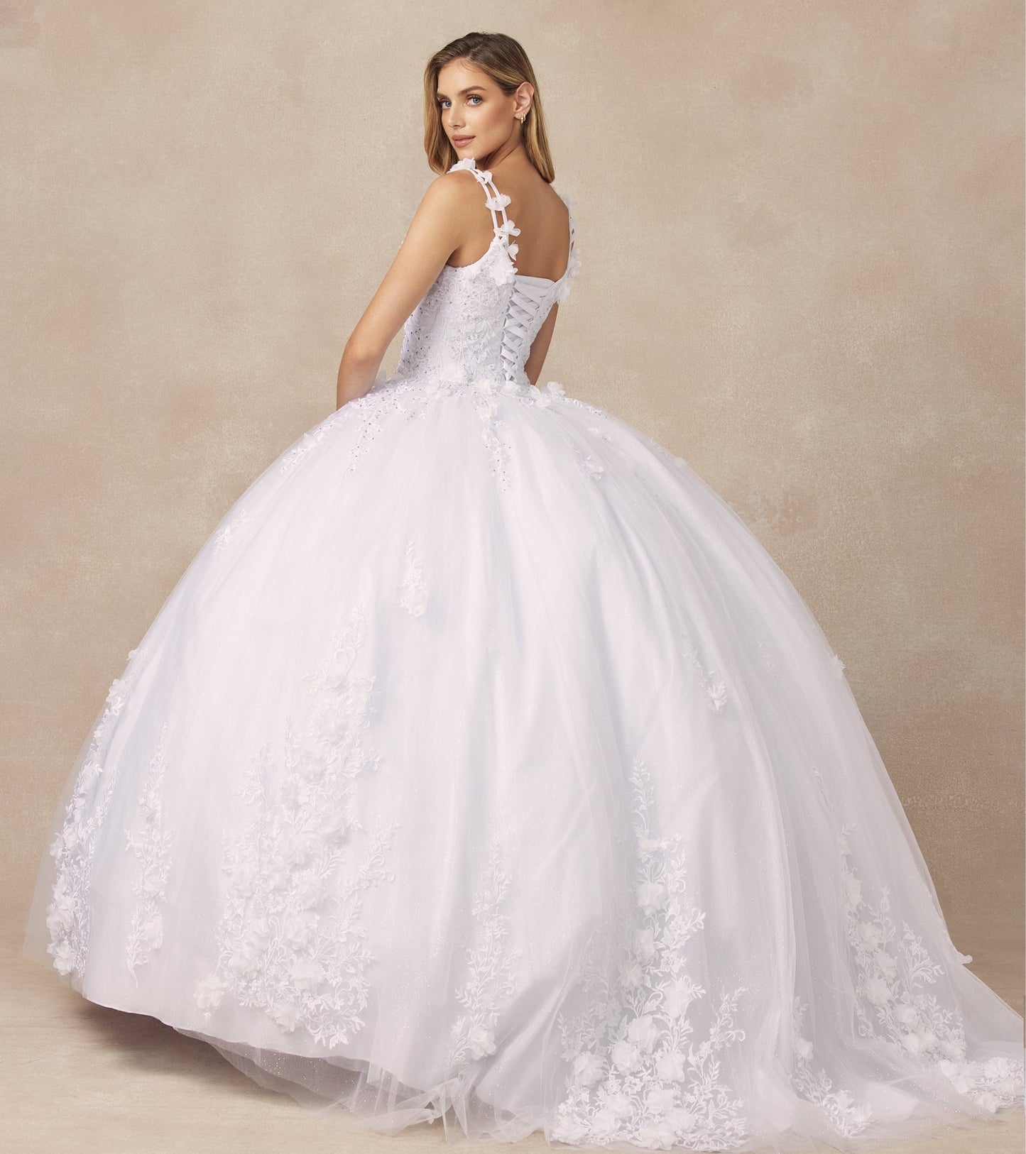 Juliet 1437 3D Floral Embellished Glitter Tulle Quinceanera Dress
