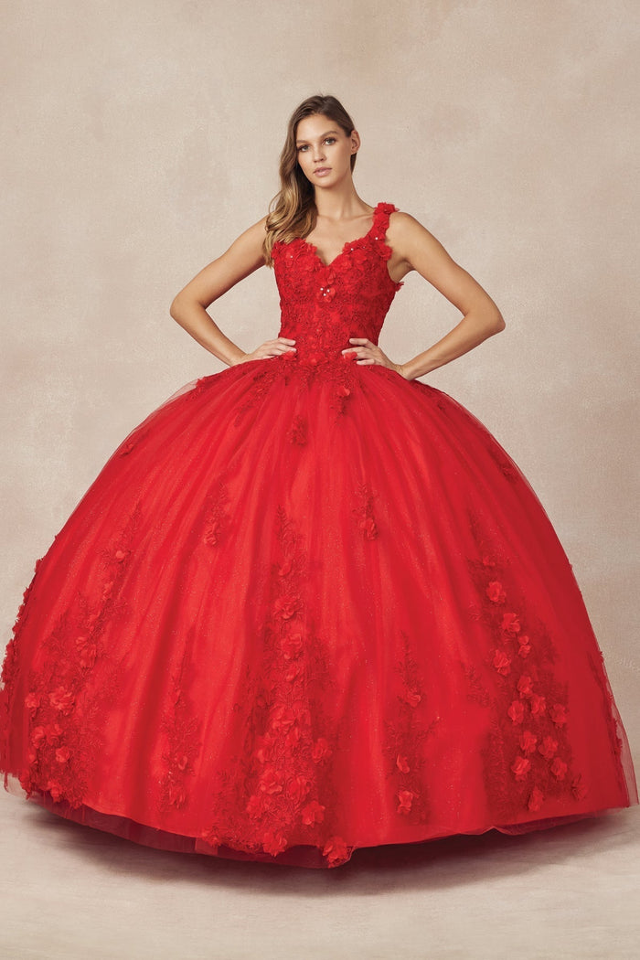 Juliet 1437 3D Floral Embellished Glitter Tulle Quinceanera Dress
