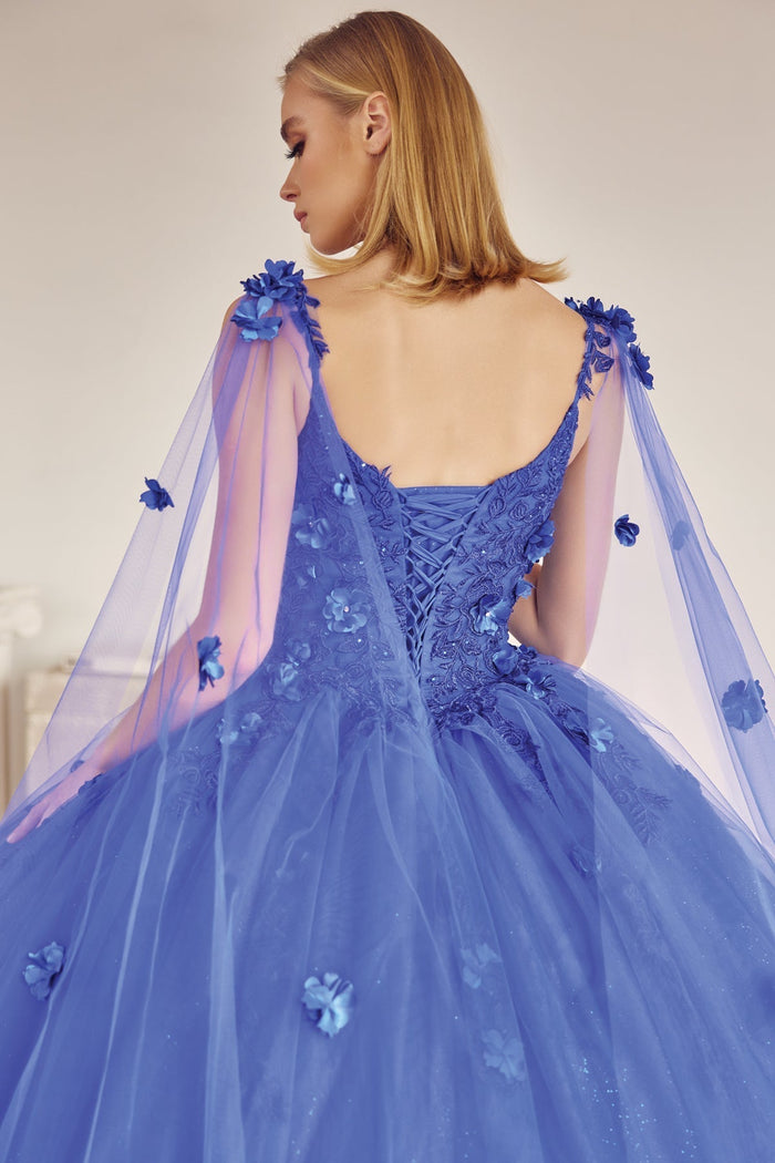 Juliet 1436 3D Floral Applique Glitter Tulle Cape Dress