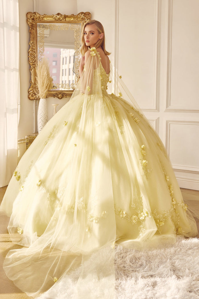 Juliet 1436 3D Floral Applique Glitter Tulle Cape Dress