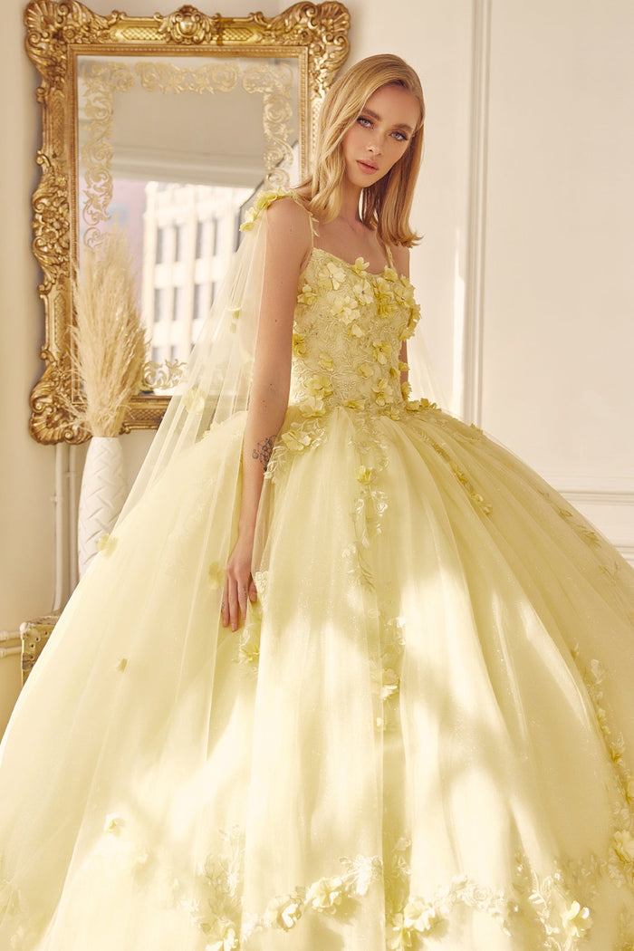 Juliet 1436 3D Floral Applique Glitter Tulle Cape Dress