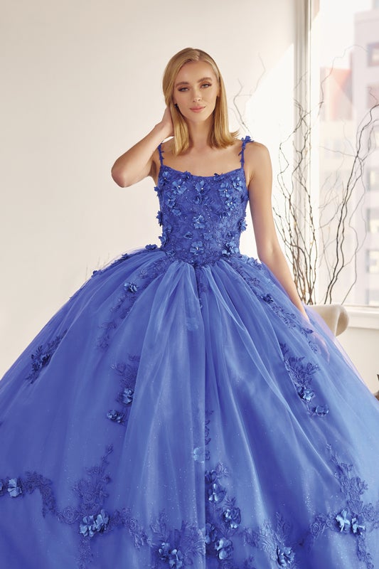 Juliet 1436 3D Floral Applique Glitter Tulle Cape Dress