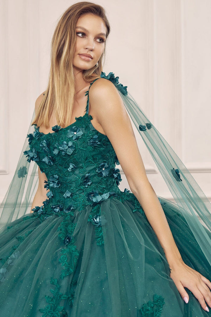 Juliet 1436 3D Floral Applique Glitter Tulle Cape Dress