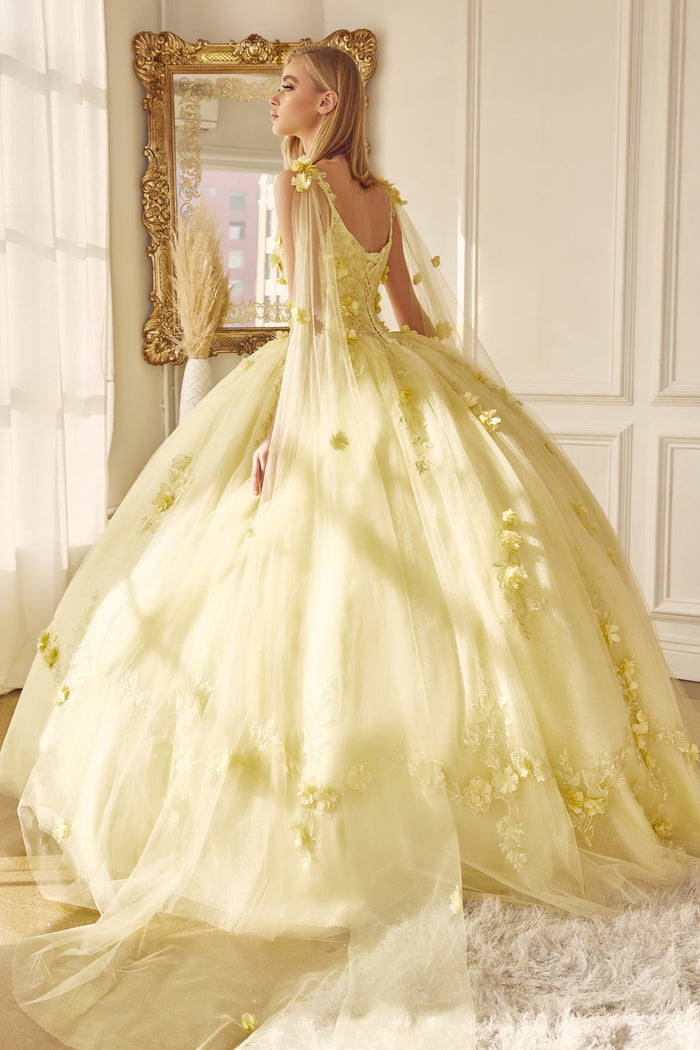Juliet 1436 3D Floral Applique Glitter Tulle Cape Dress