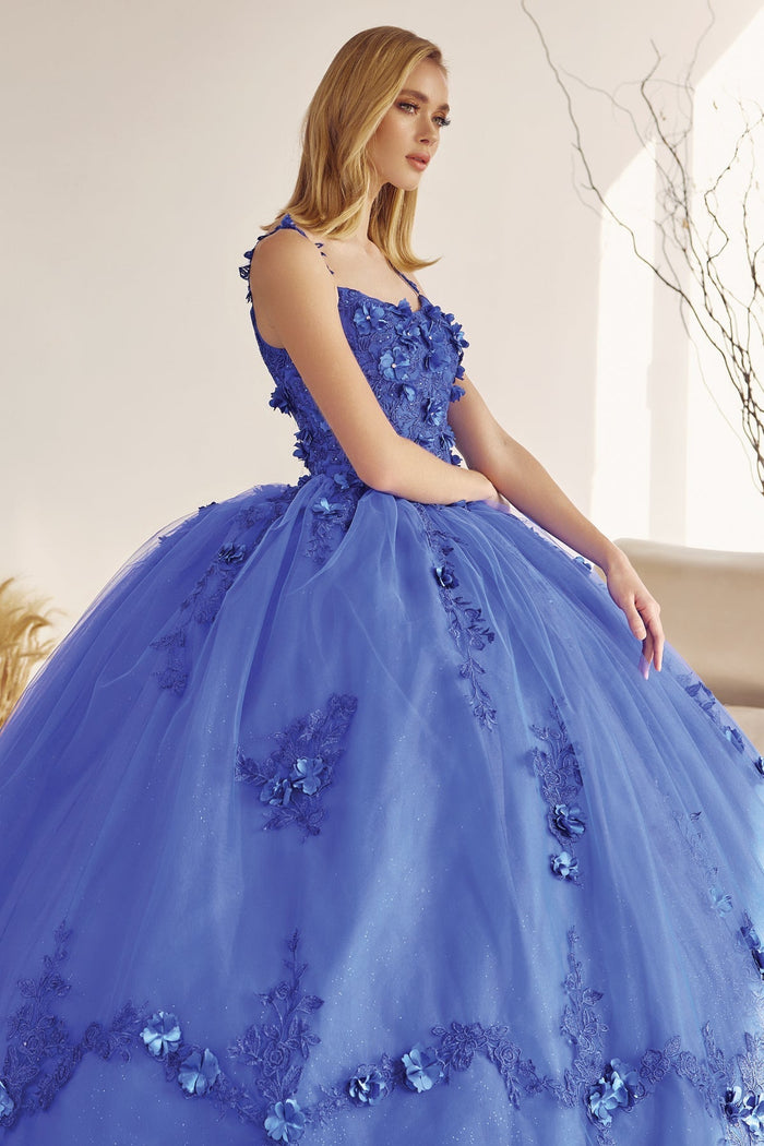 Juliet 1436 3D Floral Applique Glitter Tulle Cape Dress