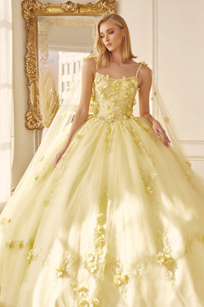 Juliet 1436 3D Floral Applique Glitter Tulle Cape Dress