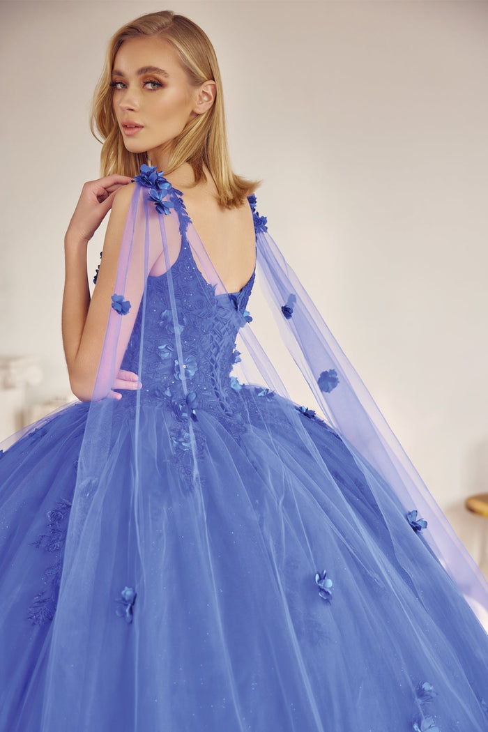 Juliet 1436 3D Floral Applique Glitter Tulle Cape Dress