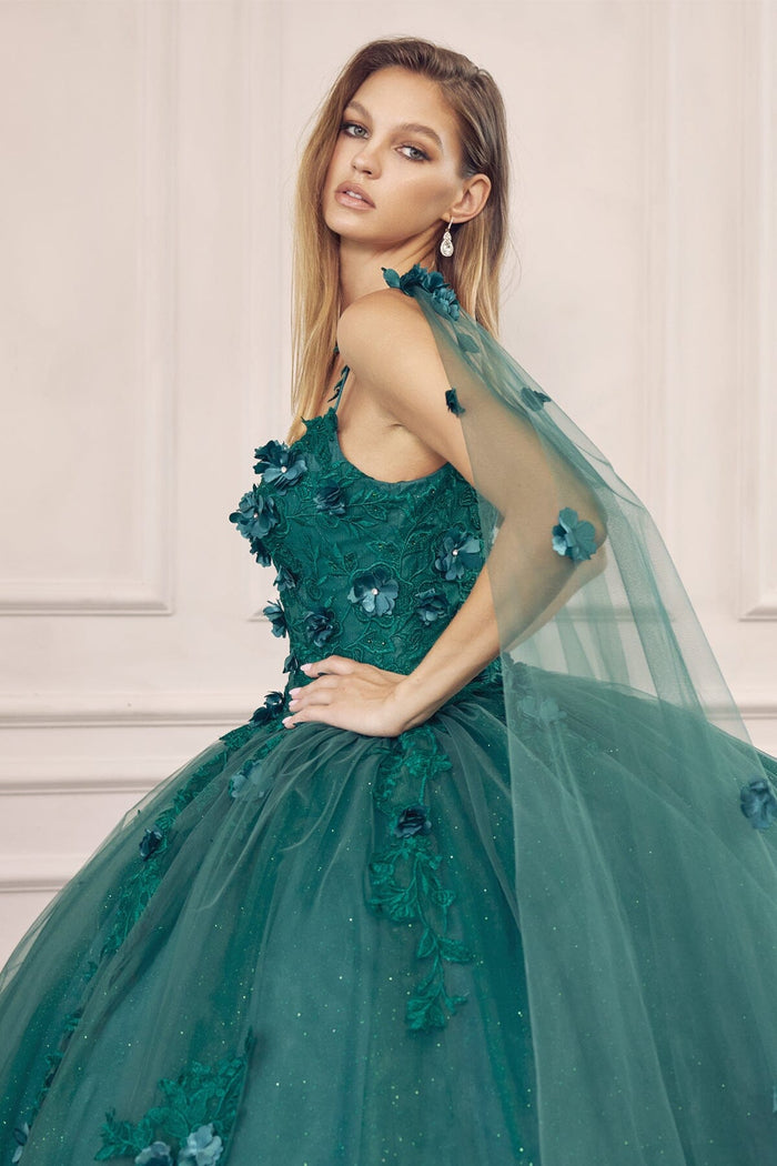 Juliet 1436 3D Floral Applique Glitter Tulle Cape Dress