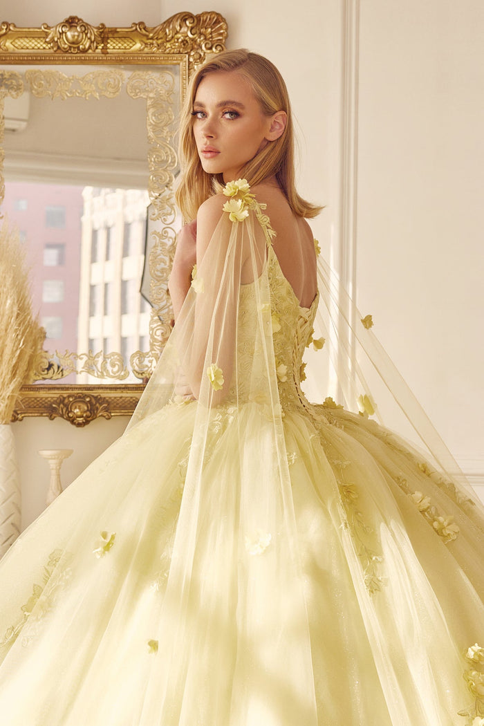 Juliet 1436 3D Floral Applique Glitter Tulle Cape Dress