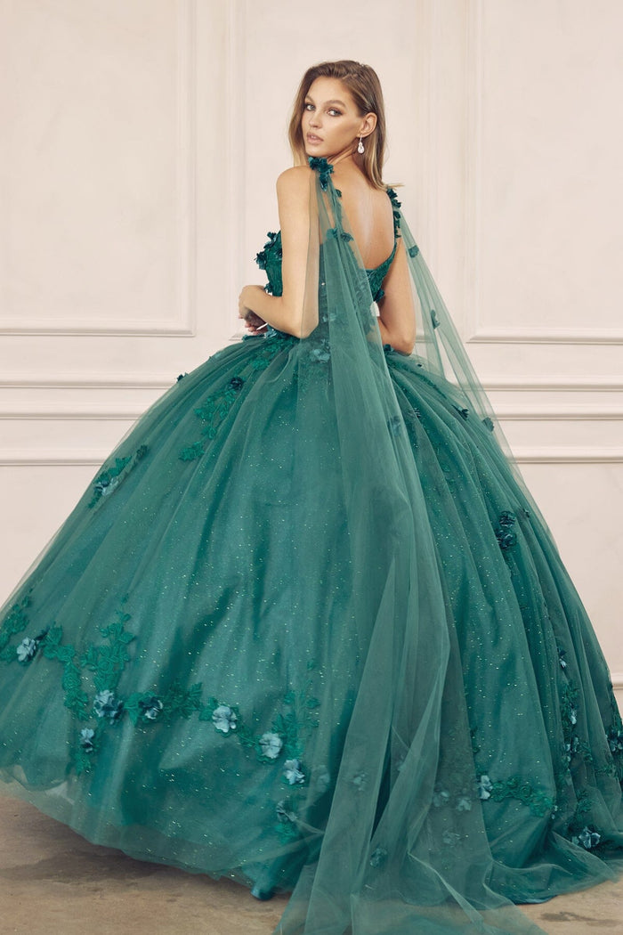 Juliet 1436 3D Floral Applique Glitter Tulle Cape Dress