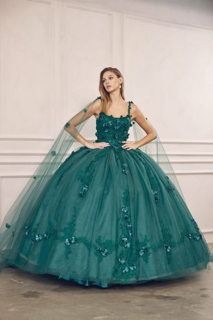 Juliet 1436 3D Floral Applique Glitter Tulle Cape Dress