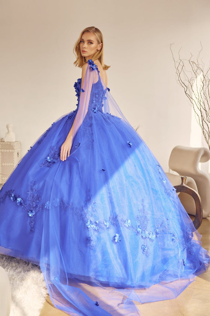 Juliet 1436 3D Floral Applique Glitter Tulle Cape Dress