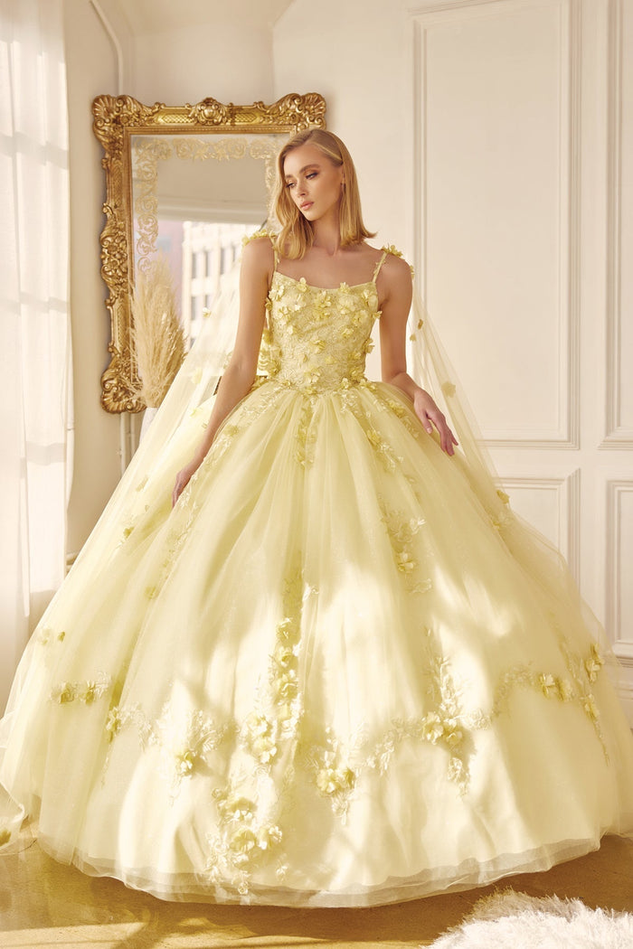 Juliet 1436 3D Floral Applique Glitter Tulle Cape Dress