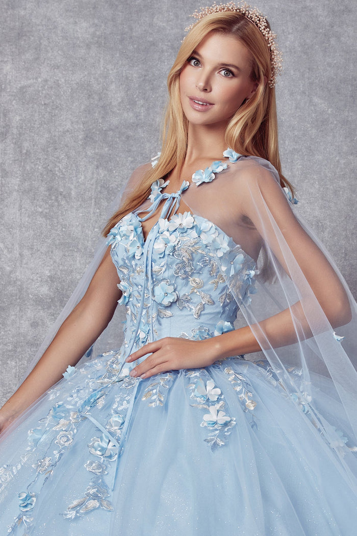 Juliet 1435 3D Floral Applique Glitter Tulle Strapless Dress