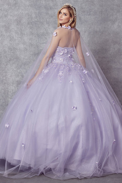 Juliet 1435 3D Floral Applique Glitter Tulle Strapless Dress