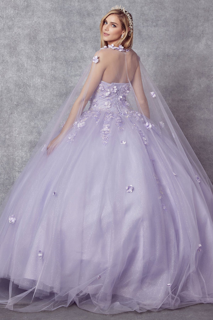 Juliet 1435 3D Floral Applique Glitter Tulle Strapless Dress