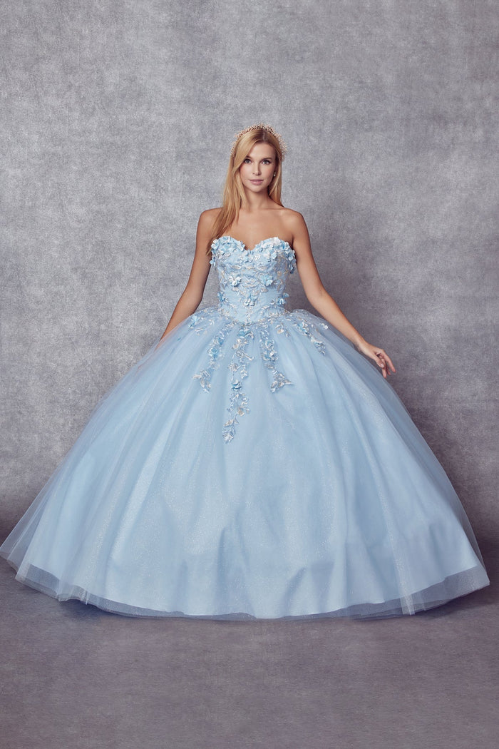 Juliet 1435 3D Floral Applique Glitter Tulle Strapless Dress