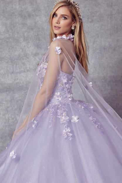 Juliet 1435 3D Floral Applique Glitter Tulle Strapless Dress