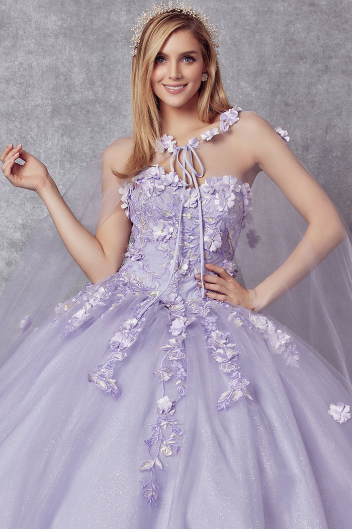 Juliet 1435 3D Floral Applique Glitter Tulle Strapless Dress