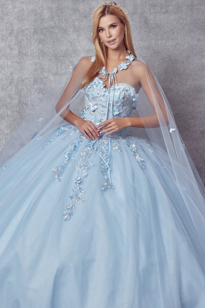 Juliet 1435 3D Floral Applique Glitter Tulle Strapless Dress
