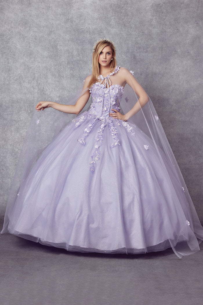 Juliet 1435 3D Floral Applique Glitter Tulle Strapless Dress