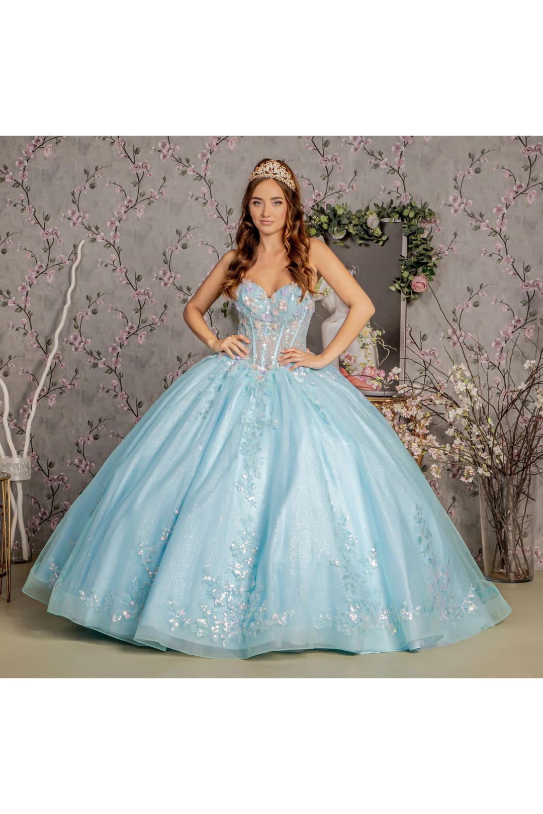 3D Floral Strapless Corset Ball Gown by GLS Gloria GL3332 - Quinceanera Dresses