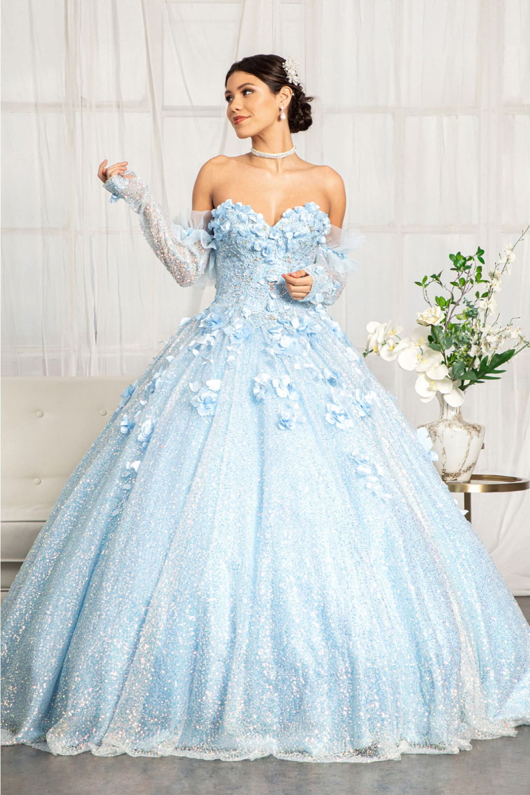3D Floral Sweetheart Ball Gown by Elizabeth K GL1986 - XS / Baby Blue - Quinceanera Dresses