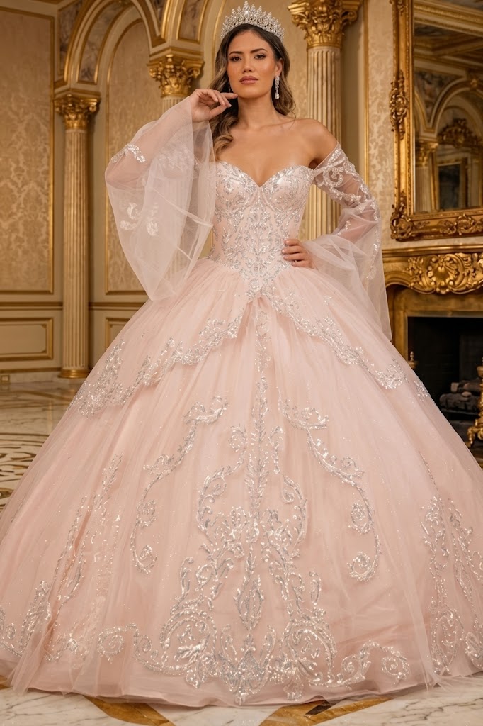 Off Shoulder Quinceañera Ball Gown with Glitter Tulle Sequin Embroidery Dress by Elizabeth K GL3109