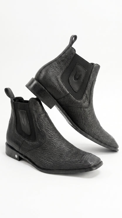 Men’s Shark Skin Cowboy Boots – Black Exotic Leather Western Chelsea Ankle Boots by Vestigium