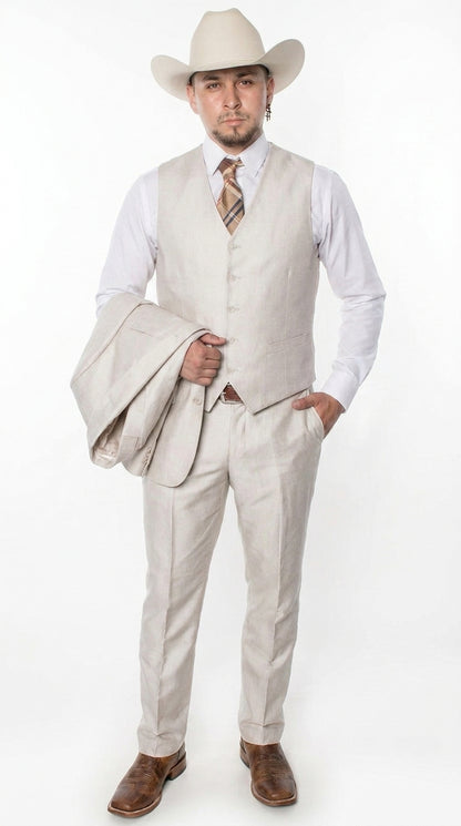 Men’s Sand champaign  Western Cowboy 3-Piece Suit – Light Cream Wedding Suit with Vest & Pants Slim Fitted