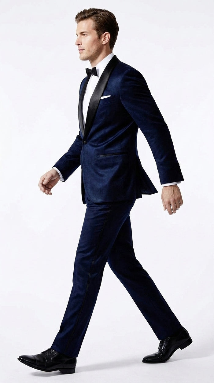 Men’s James Bond Inspired Navy Blue Tuxedo – Black Shawl Lapel Wedding & Prom Suit