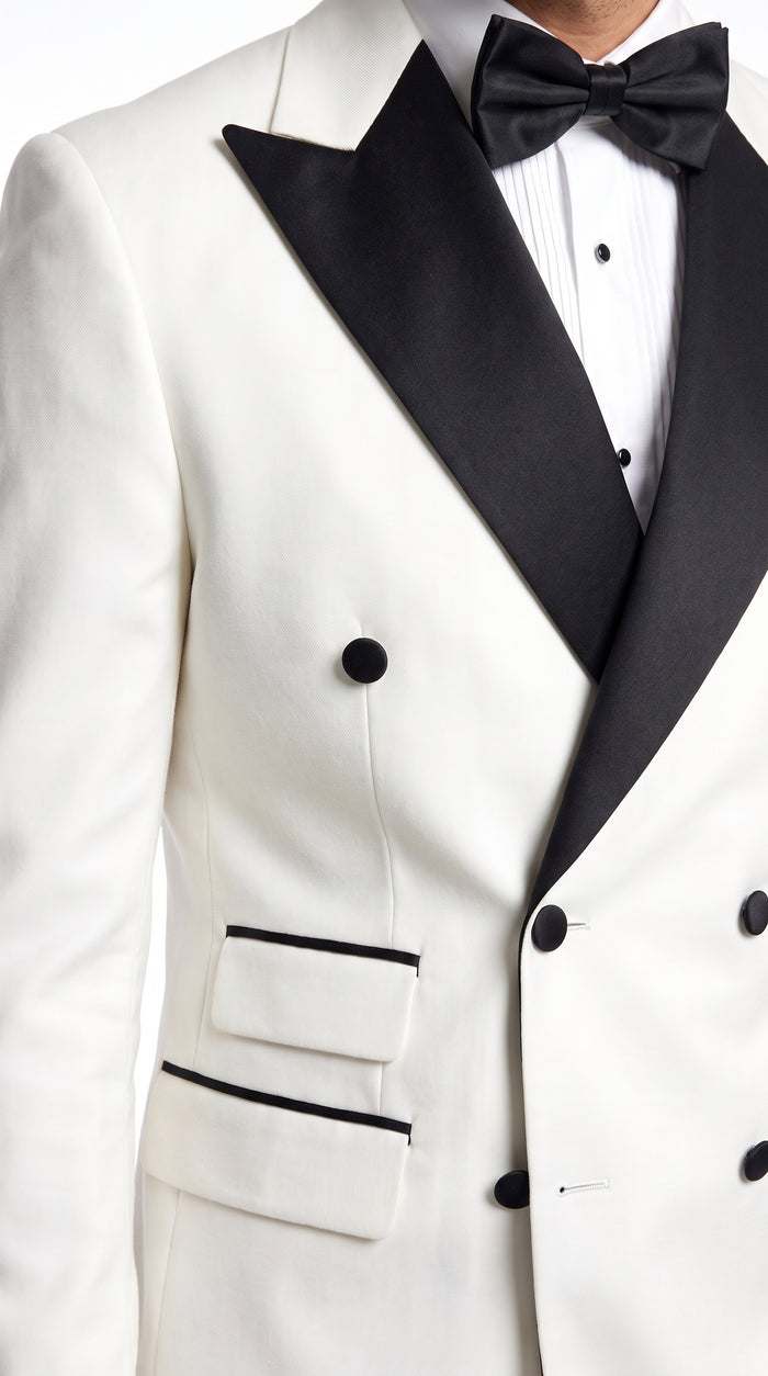 Men’s Vintage Hollywood Ivory Double-Breasted Tuxedo – Black Peak Lapel Wedding and Formal Suit