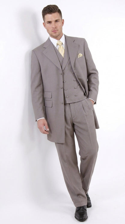 Men’s Light Kahki Sand 3-Piece Suit – Six-Button Jacket with Double-Breasted Vest and Pleated Pants Tan Color