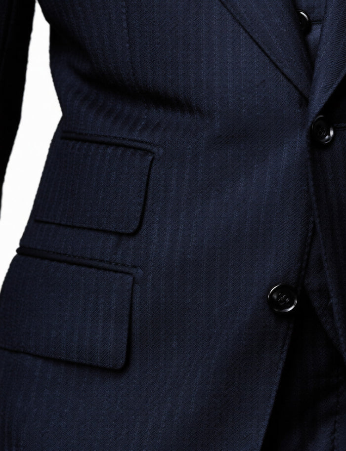 Men’s Navy Herringbone Textured 3 Piece Suit Set, Classic Formal Blazer, Waistcoat and Trouser Outfit