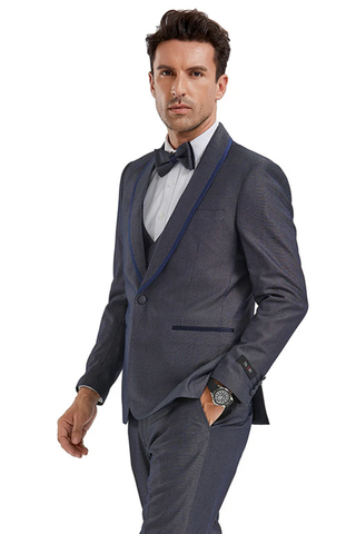 Mens Gray Tuxedo - Grey Wedding Suit-Mens One Button  Vested Shawl Lapel Tuxedo In Grey Birdseye With Blue Trim