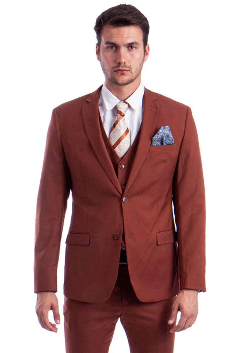 Mens Light Brown Rust Slim Fit Suit  3-Piece Solid Color with Vest
